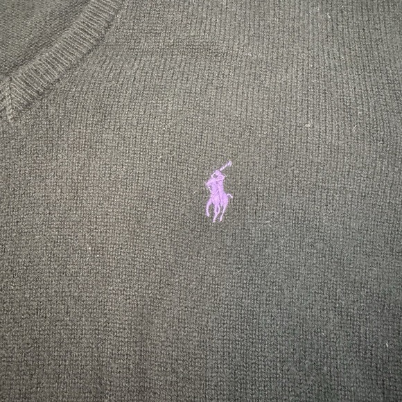 Polo Ralph Lauren Men 100% Lambs Wool L Black V Neck Sweater Logo Preppy Classic - Picture 5 of 12